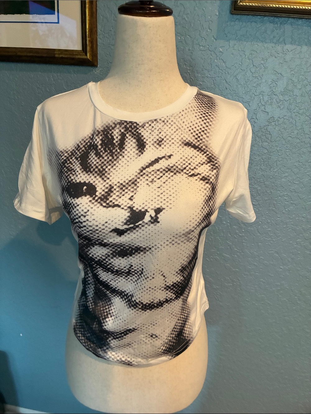 White Tee with Black Pop-Art Cat Print